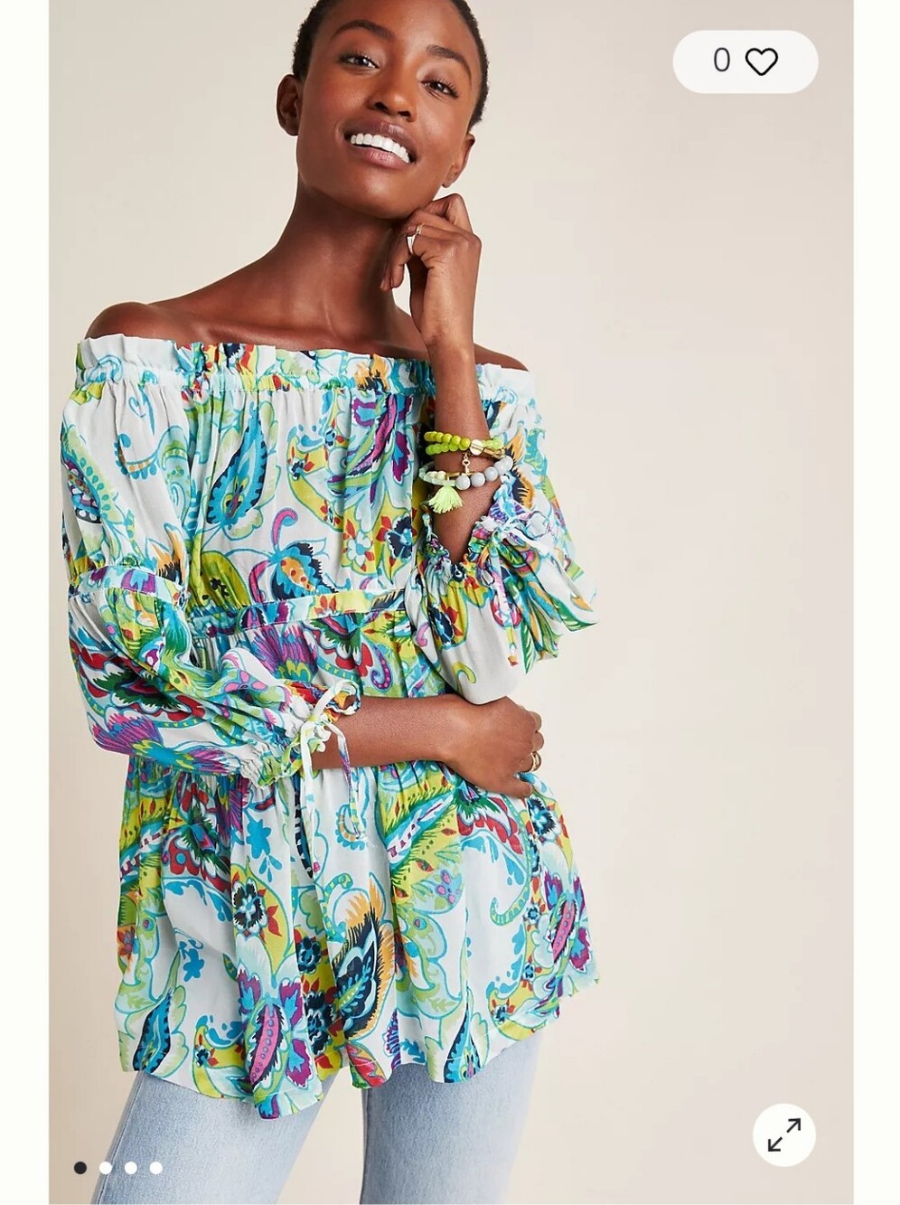 Maeve Anthropologie Blue, White and Green Floral Off-Shoulder Top